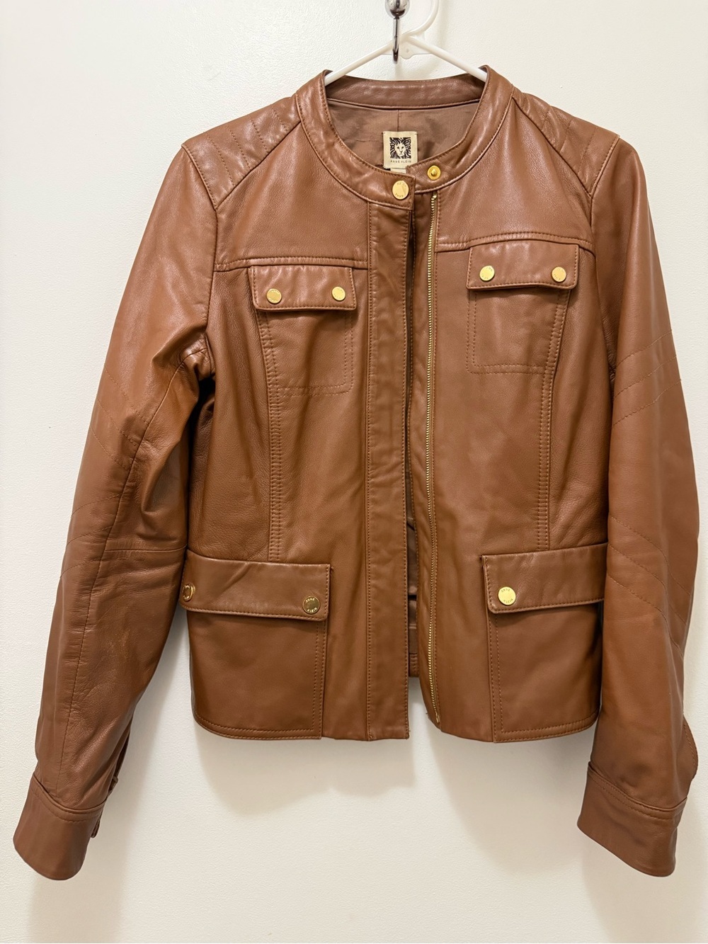 Anne Klein Cognac Brown Leather Jacket with Gold-Tone Hardware